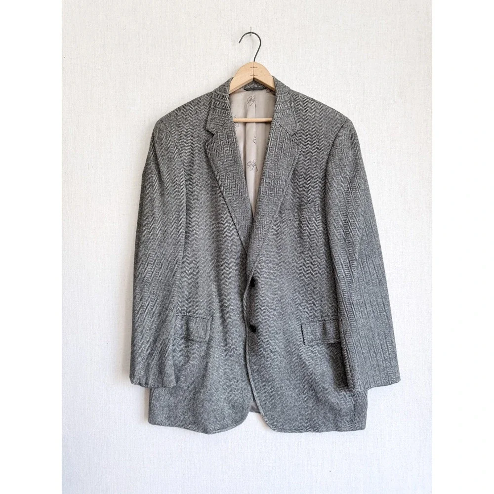 Cashmere by Crombie vtg black white herringbone men's sport coat‎ jacket